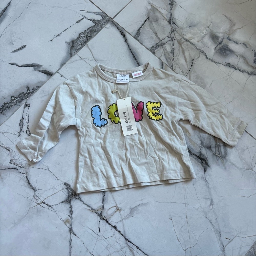 Zara Kids Long Sleeve Shirt - White with Colorful Love Graphic